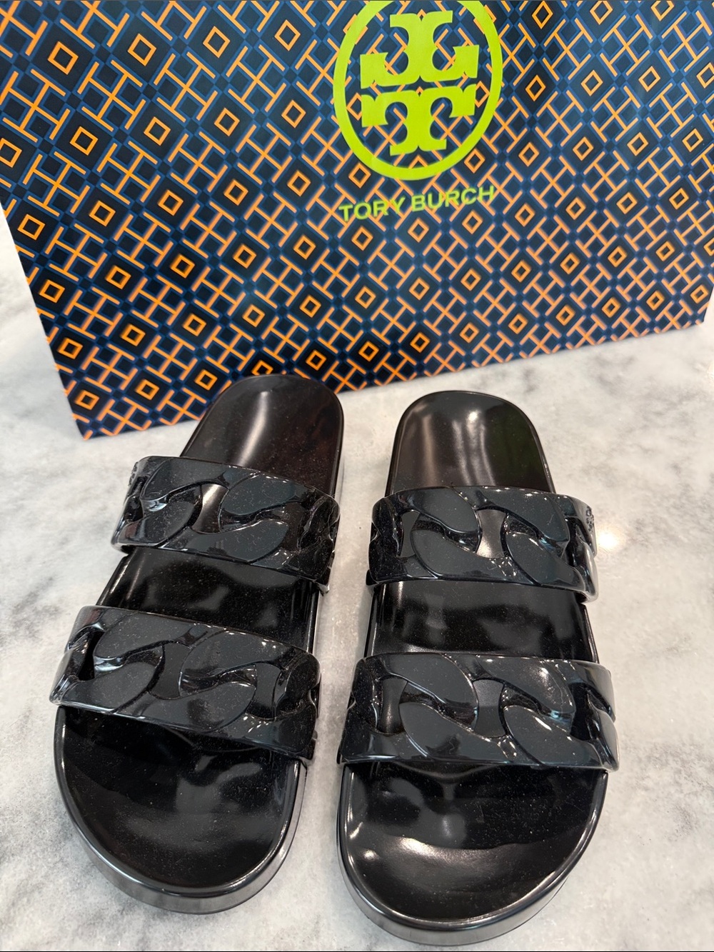 Tory Burch Black Chain-Link Slide Sandals - Picture 2 of 5